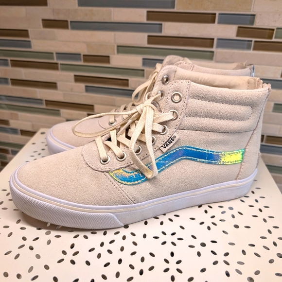 Vans Sneaker Womens 6 Beige Hi Tops Skateboarding Lace Up with Iredecent Stripe - Picture 1 of 9
